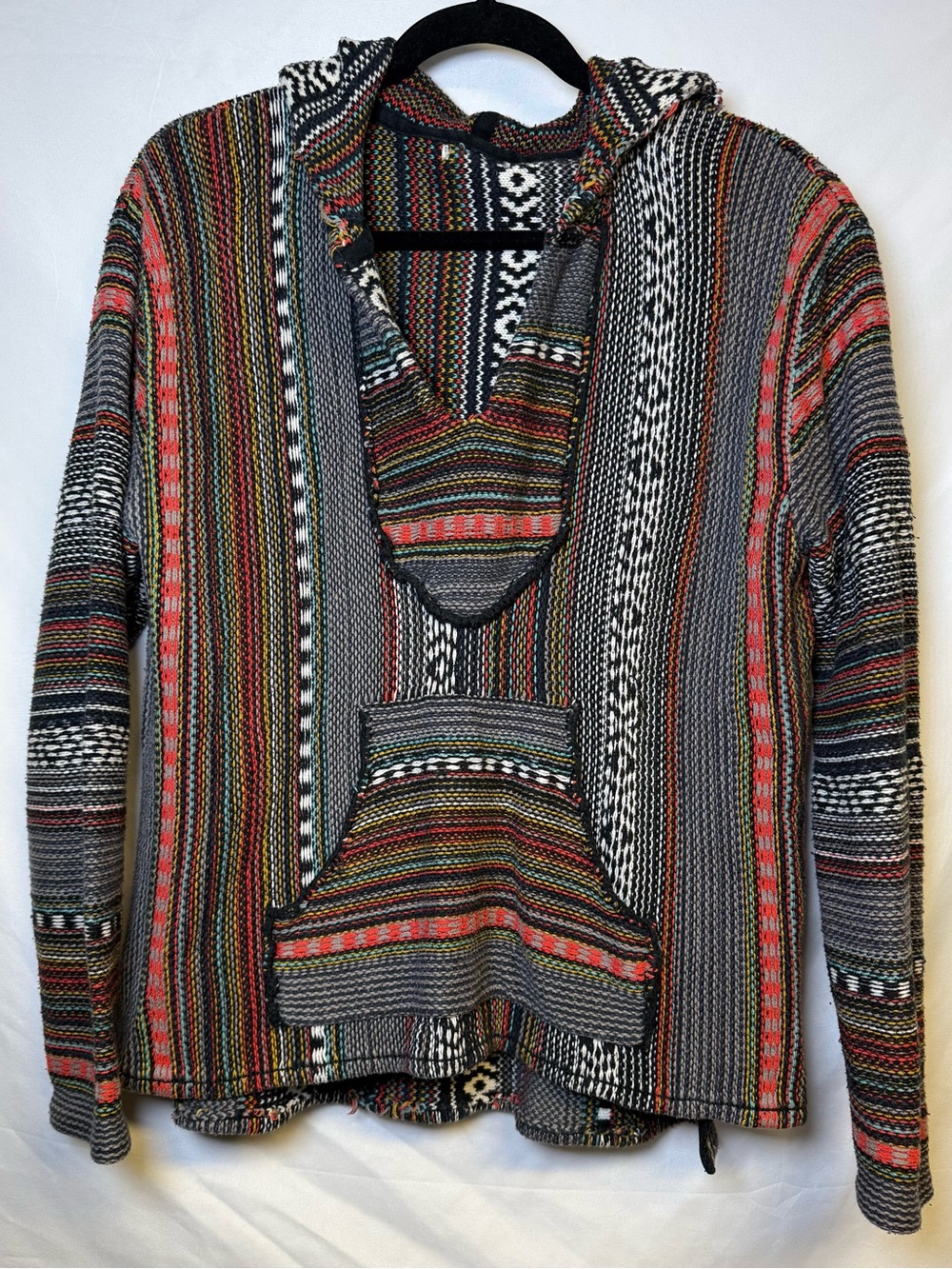 Women’s Hooded Striped Knit Poncho Sweater - Gray with Multicolor Stripes